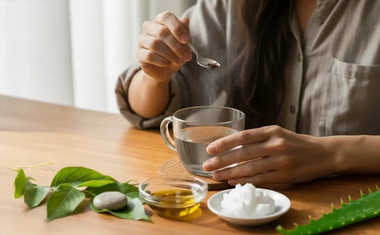 Shilajit Recipe coconut oil aloe vera olive oil woman sitting at front of a table | Wellness veritas