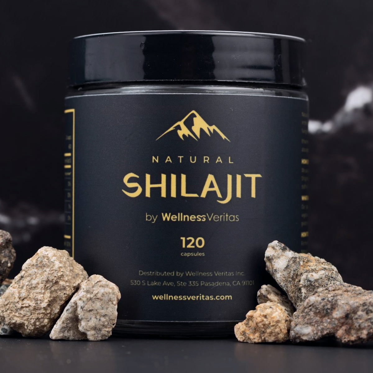 Wellness Veritas Himalayan Shilajit capsules, 500mg per serving, 90 capsules bottle for a 3-month supply of natural energy.